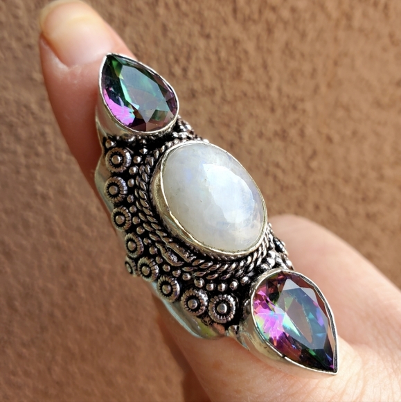 New Rainbow Moonstone & Mystic Topaz Silver Statement Ring. - Picture 5 of 11